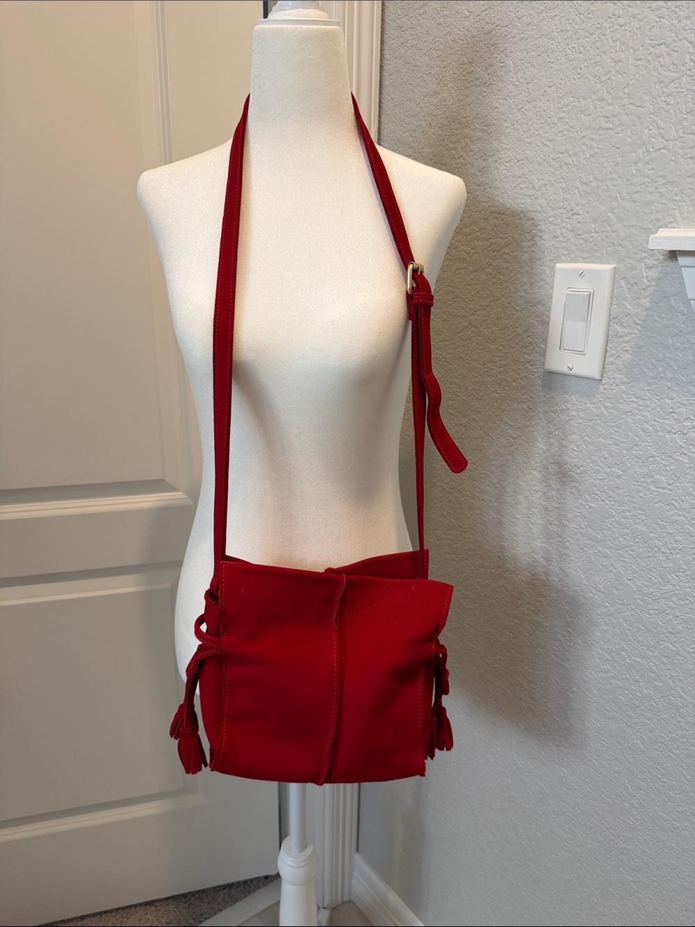 Anthropologie Miss Albright Red Suede Crossbody Bag Tassel Cinch Shoulder Str
